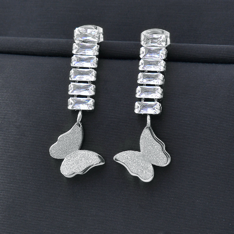 Simple Style Butterfly Stainless Steel Inlay Zircon Drop Earrings 1 Pair