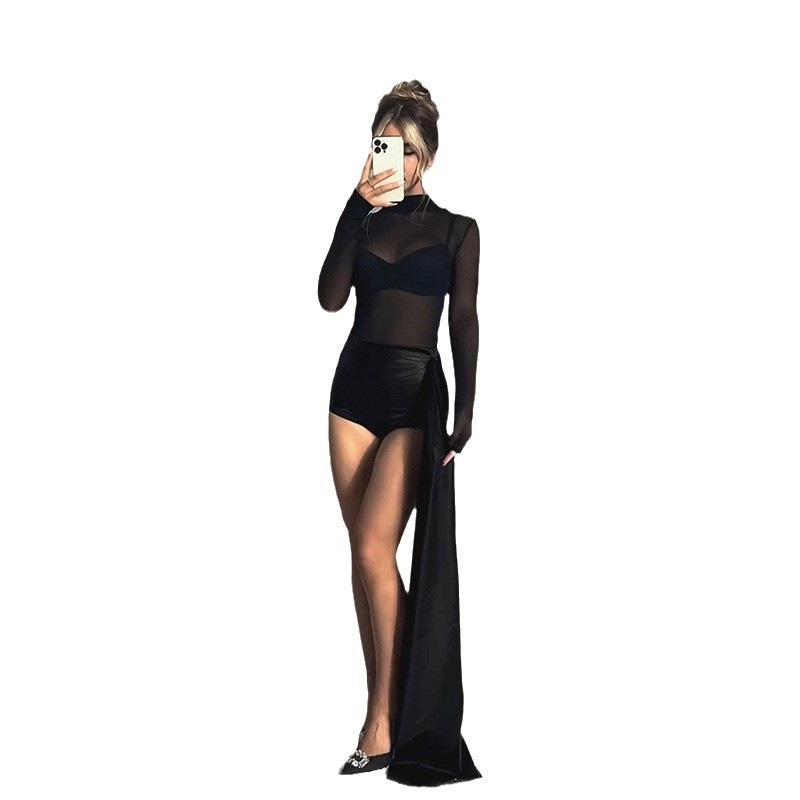 XY24570 cuello medio alto malla empalme serpentea chica caliente sexy perspectiva delgada manga larga pantalones cortos de una pieza mujer