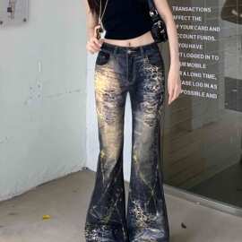 实拍大码  辣妹水洗复古重工烫金豹纹微喇牛仔裤修身包臀阔腿长裤