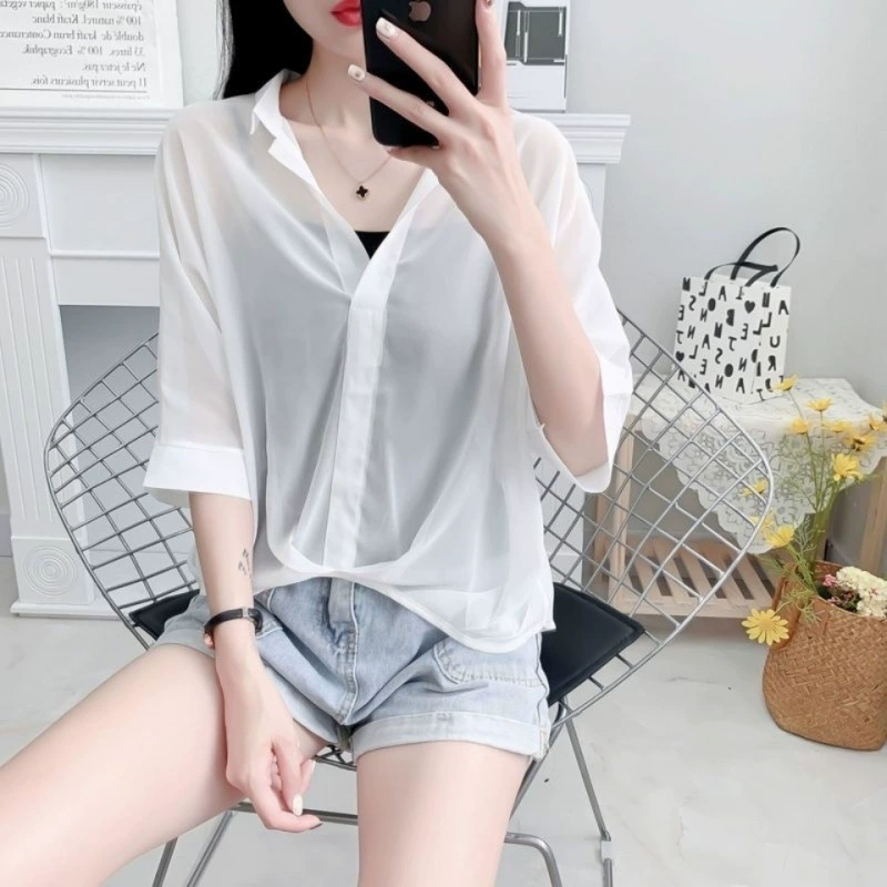 Летний комплект шифоновой рубашки, oversize свободного кроя, эффект подтяжки, женский