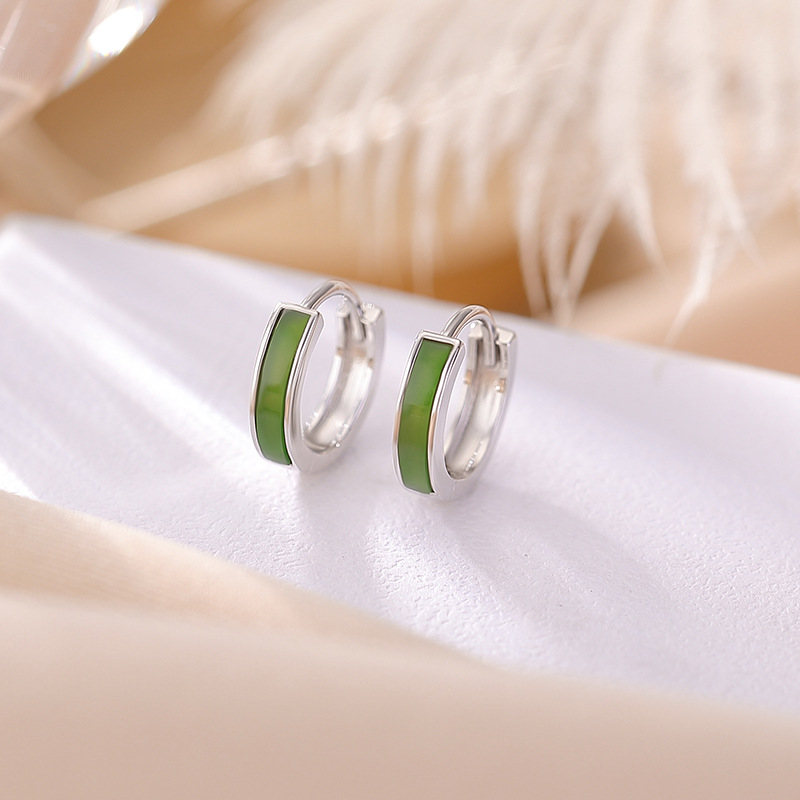 Bông tai ngọc bích Hetian tự nhiên bạc S925 mặt đá Jasper hình ống cong kiểu dáng giản dị — Mẫu bạc