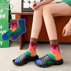 Color-block spliced socks, women's mid-calf trendy socks, gradient-color over-the-knee socks for spring and autumn, long cotton stockings for girls