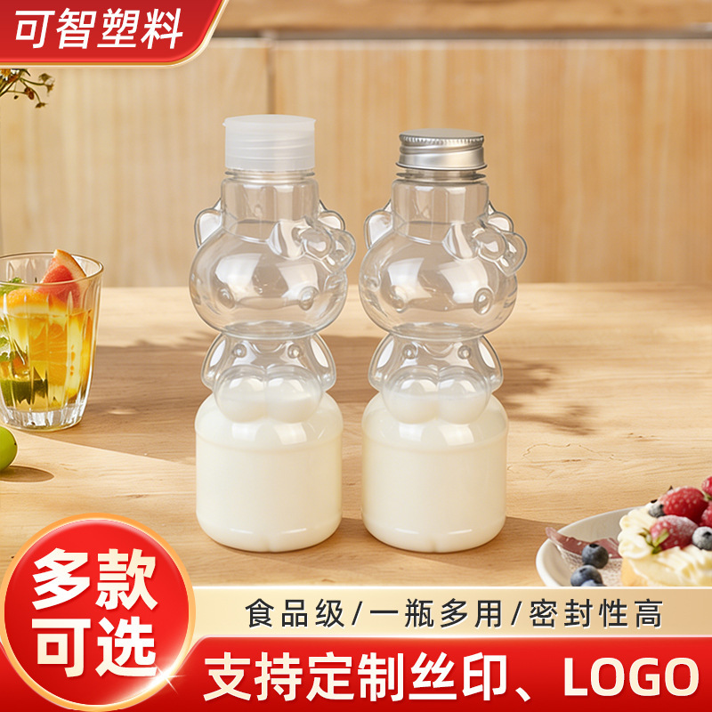 500ml Cartoon Bottle Disposable Food-Grade Kt Cat Bottle Milk Tea Bottle Transparent Pet Milk Tea Cold Drink Beverage Bottle Supply