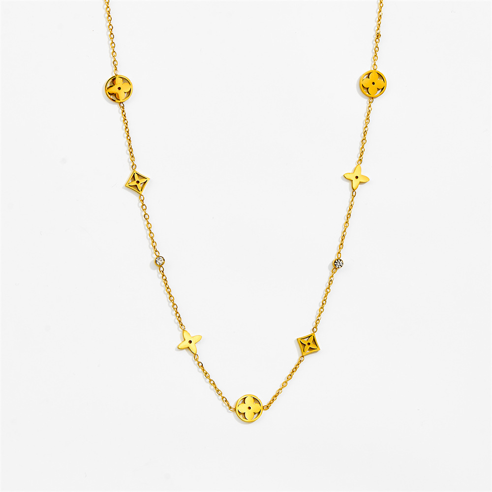 Collar de acero de titanio tetrafolia vieja flor dorada simple temperamento de alta sensación de joyería de acero inoxidable no se desvanece conjunto de mujeres