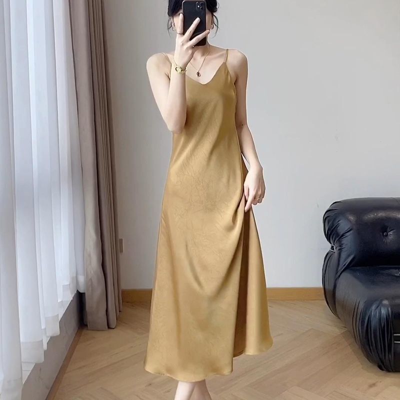 Gilt Extra Long Suspender Skirt Satin Dress Summer Temperament Fishtail Skirt Draped French Slim Long Skirt
