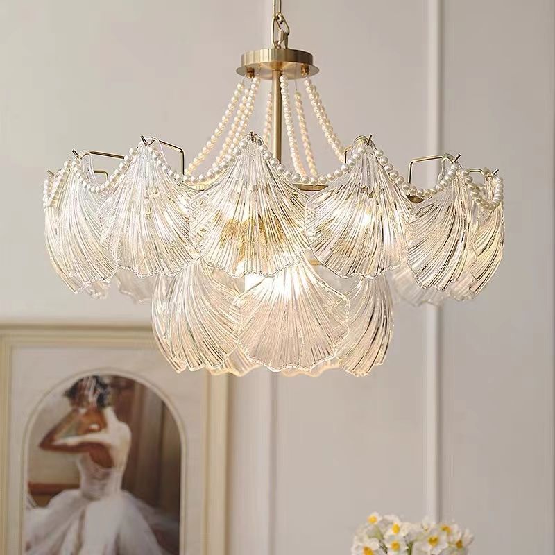 Light Luxury Shell French-Style Chandelier, Modern Minimalist Home Living Room Crystal Lamp, Bedroom Lamp, Glass Luminous Light, Light Luxury Style