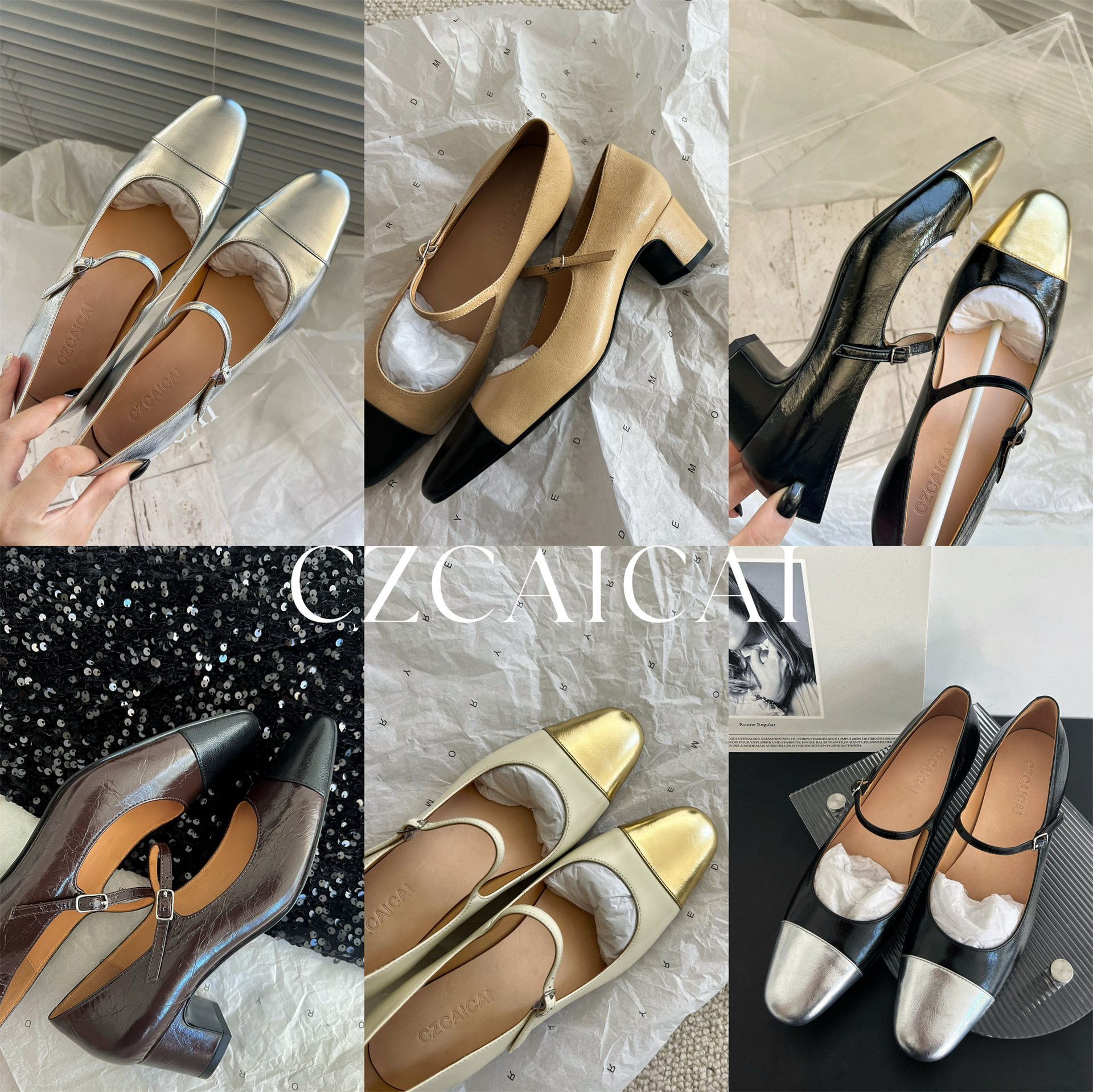 2025 Original New French High-Quality Small Fragrance Mary Jane Thick Heel Single Shoes Women's Commuting Spliced High Heels