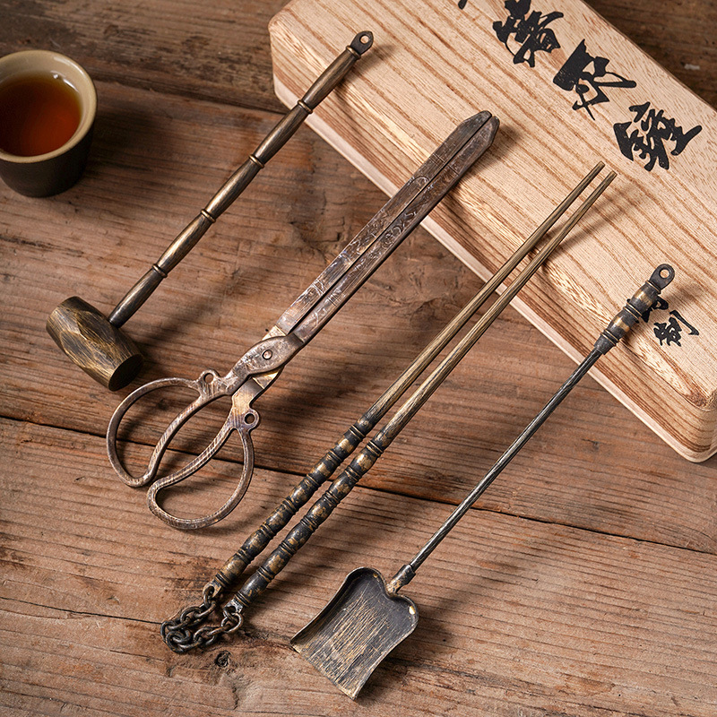 Round stove cooking tea charcoal stove tools copper crafts Chaozhou Kung Fu Tea stove clip carbon copper chopsticks pliers shovel spoon
