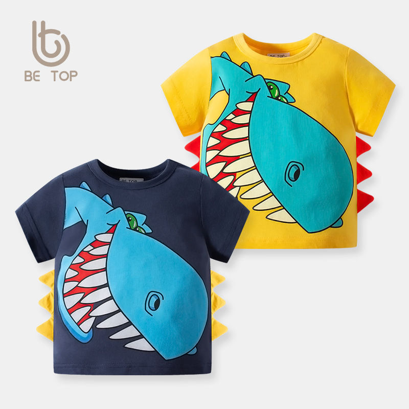 Dinosaurio de dibujos animados impreso de manga corta Camiseta de algodón de verano nuevos niños prendas de punto ropa para niños al por mayor entrega de una sola pieza ins