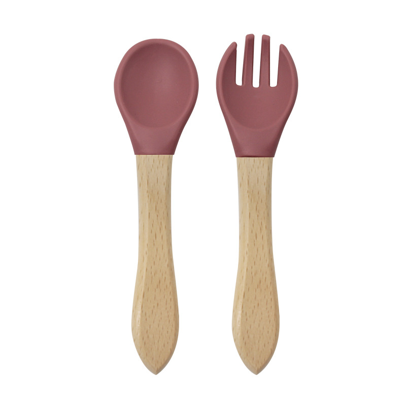 Bebé mango de madera tenedor cuchara traje de alimentación de los niños de madera mango tenedor cuchara conjunto cuchara de silicona tenedor bebé alimento suplemento tenedor cuchara traje image 8