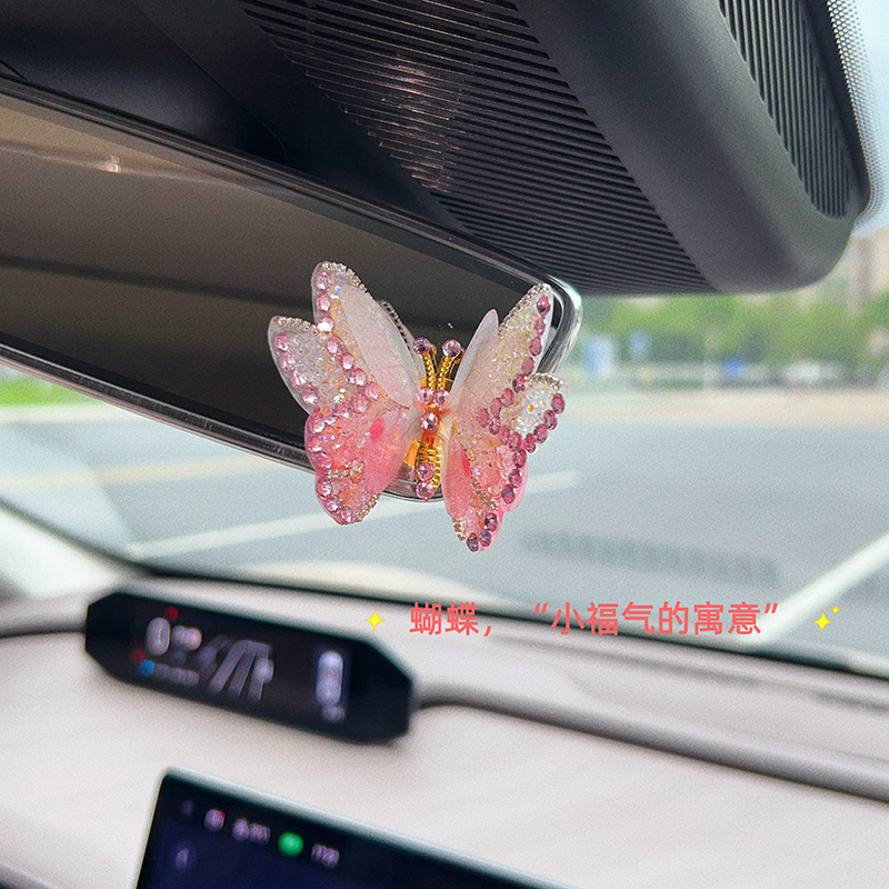 Healing-style diamond-encrusted moving butterfly car ornament for electric vehicle interior, car dashboard, and computer display screen decoration