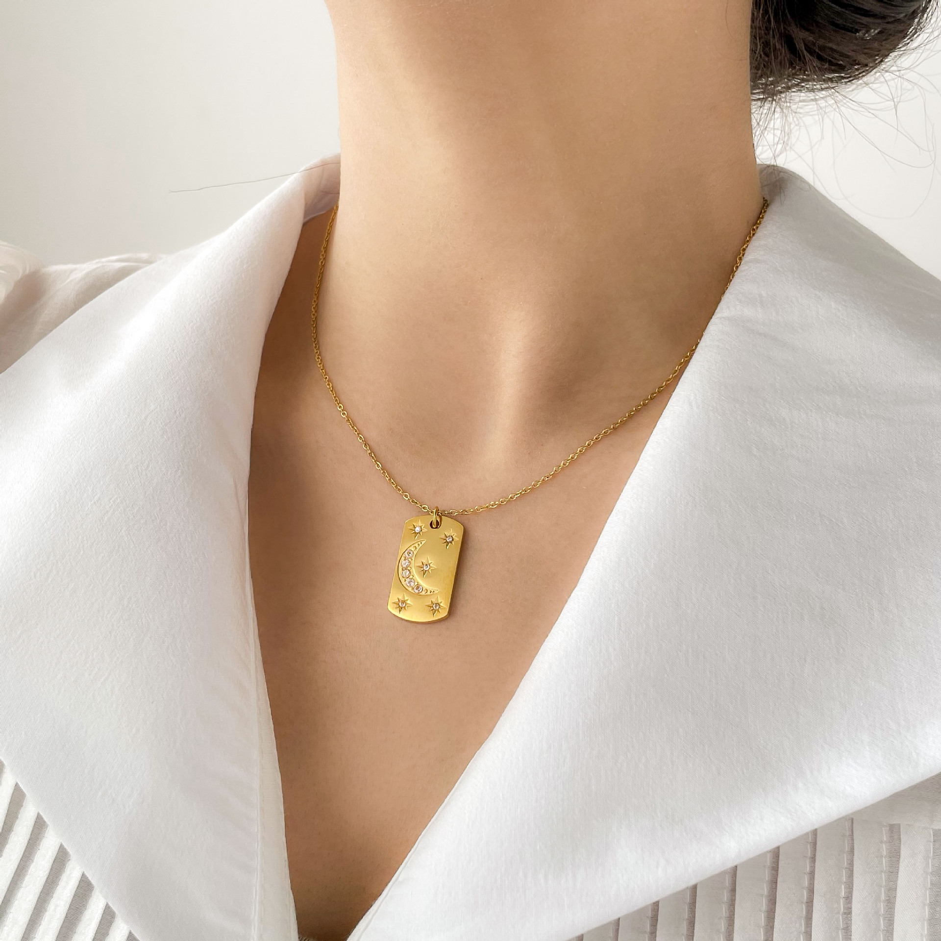 Simple Style Star Moon Titanium Steel Inlay Artificial Gemstones Pendant Necklace_colorza_3