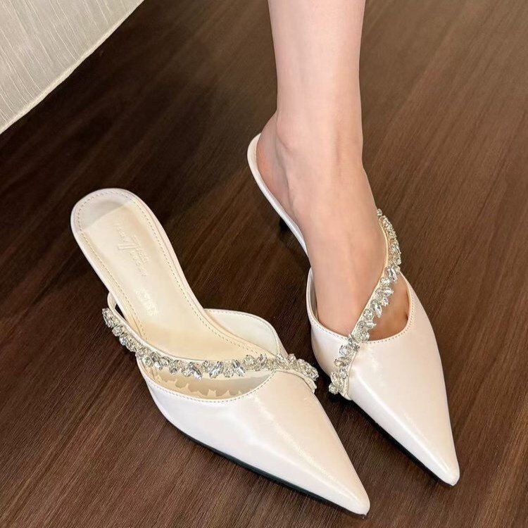 Rich daughter! White Pointed Tops Rhinestone High Heels Women's 2025 Summer Stiletto Heel Half Pack Slippers Sandals Muller Shoes Rich daughter! White Pointed Tops Rhinestone High Heels Women's 2025 Summer Stiletto Heel Half Pack Slippers Sandals Muller Shoes