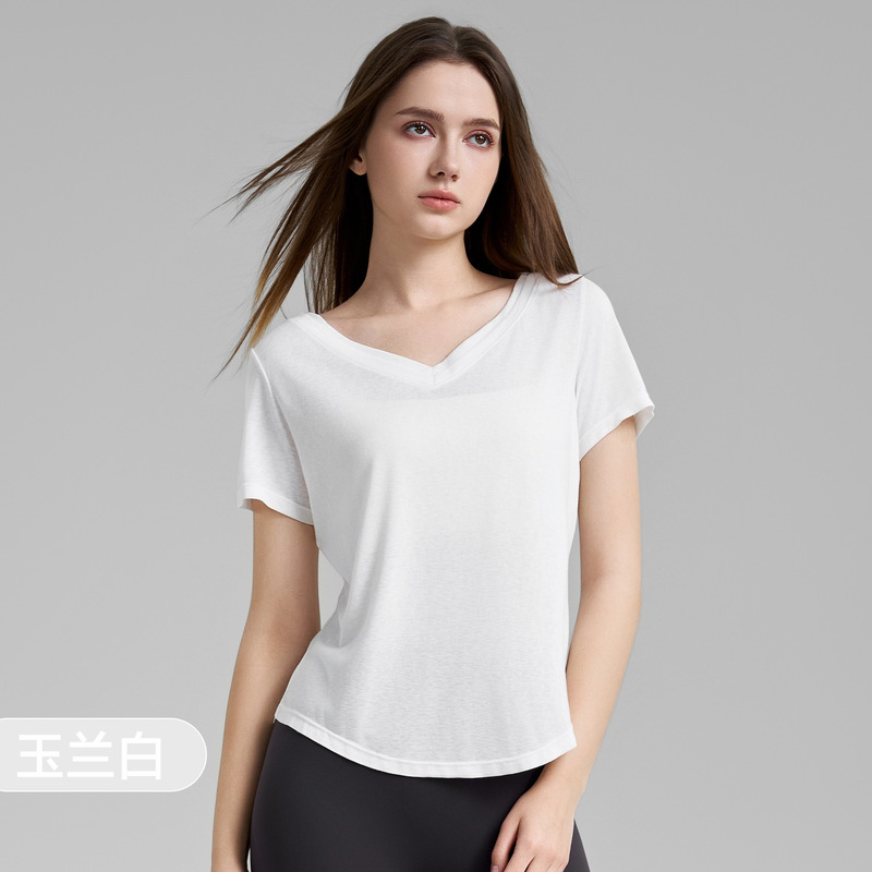 薄い V ネックスポーツ Tシャツ女性のための夏 2022 新しいヌードフィットネス半袖ルーズ通気性ピラティスヨガウェア|undefined