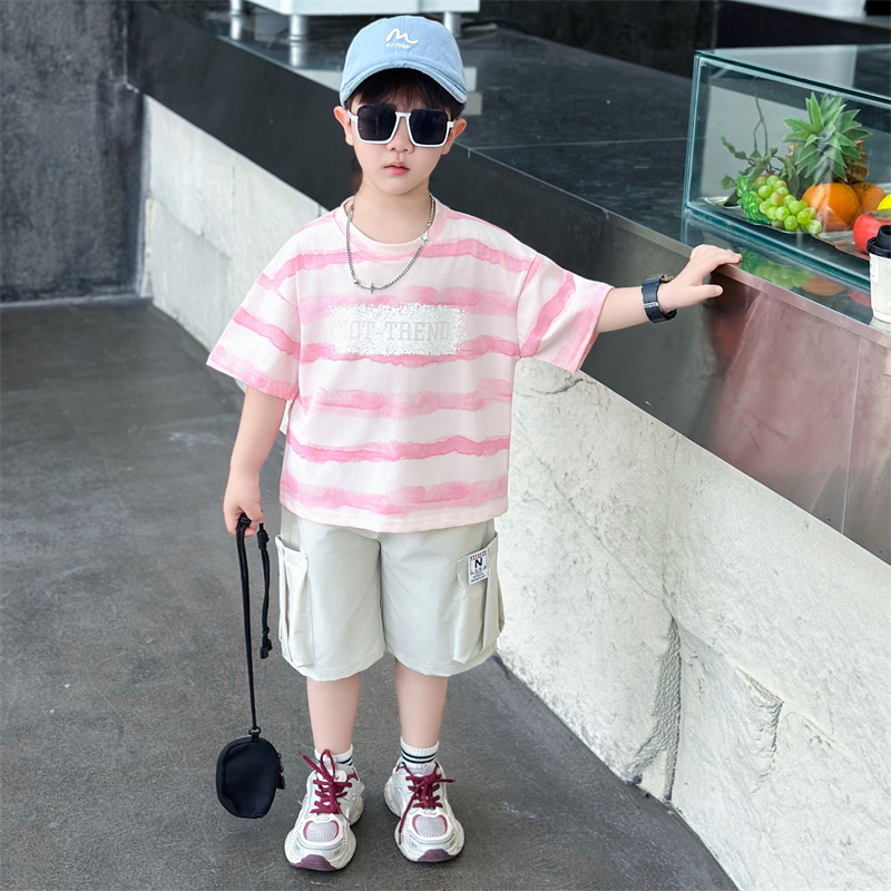 7343 traje de verano para niños ropa coreana de manga corta 2025 nuevos niños verano delgado camiseta de dos piezas verano