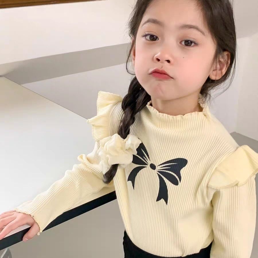 Primavera y otoño nueva camisa de manga larga para niñas de terciopelo Estilo occidental con volantes manga arco impreso bebé niñas SLIM-Fit ropa de otoño