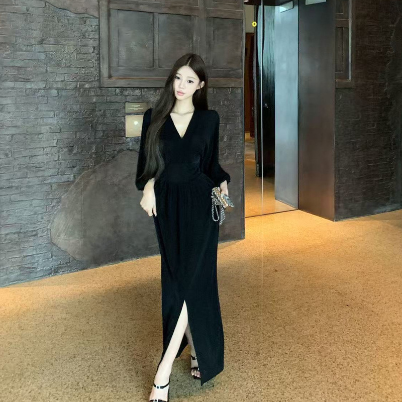 名媛气质时尚御姐蓬蓬袖V领连衣裙收腰开叉过膝裙子简约包臀长裙|undefined