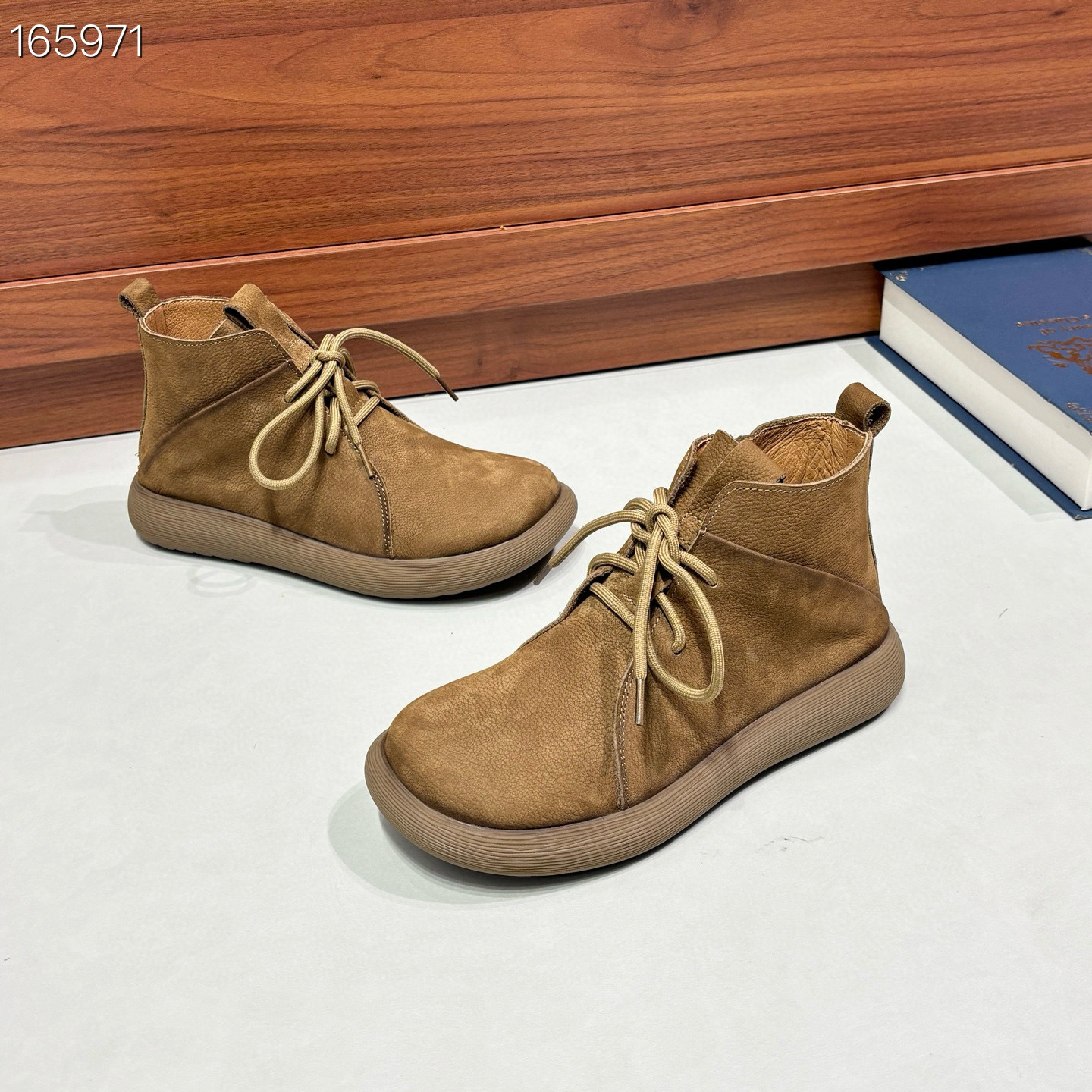 Boot nữ da thật cổ cao mũi tròn dây kéo bên lót nhung ấm — Màu xám chi tiết 4
