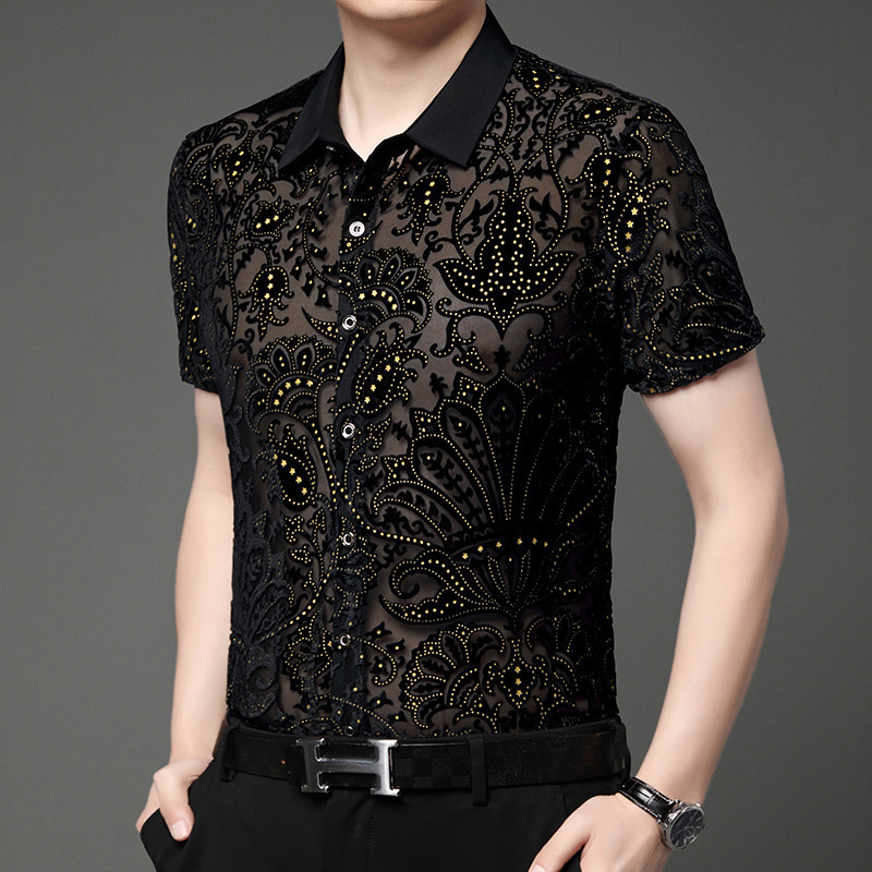 Western Style Short Sleeve Latin Dance Men's Clothes Jacquard Artistic Shirt Men's Transparent Nightclub Sexy Shirt Men's New Fashionable Style