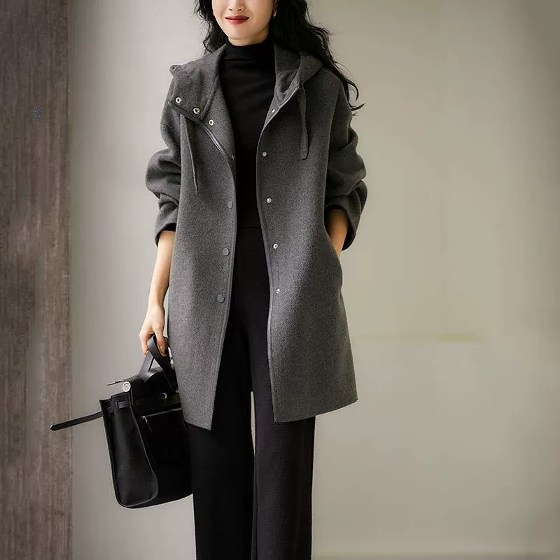 Autumn fashionable long-sleeve for leisure with hood, woolen coat, jacket, Korean style