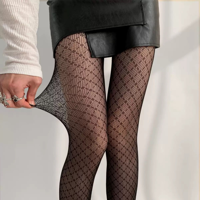 Spring Summer Retro Vertical Jacquard Sexy Black Silk Hot Girl Pure Desire Beautiful Leg Stockings Hollow Lace Mesh_voghion.com