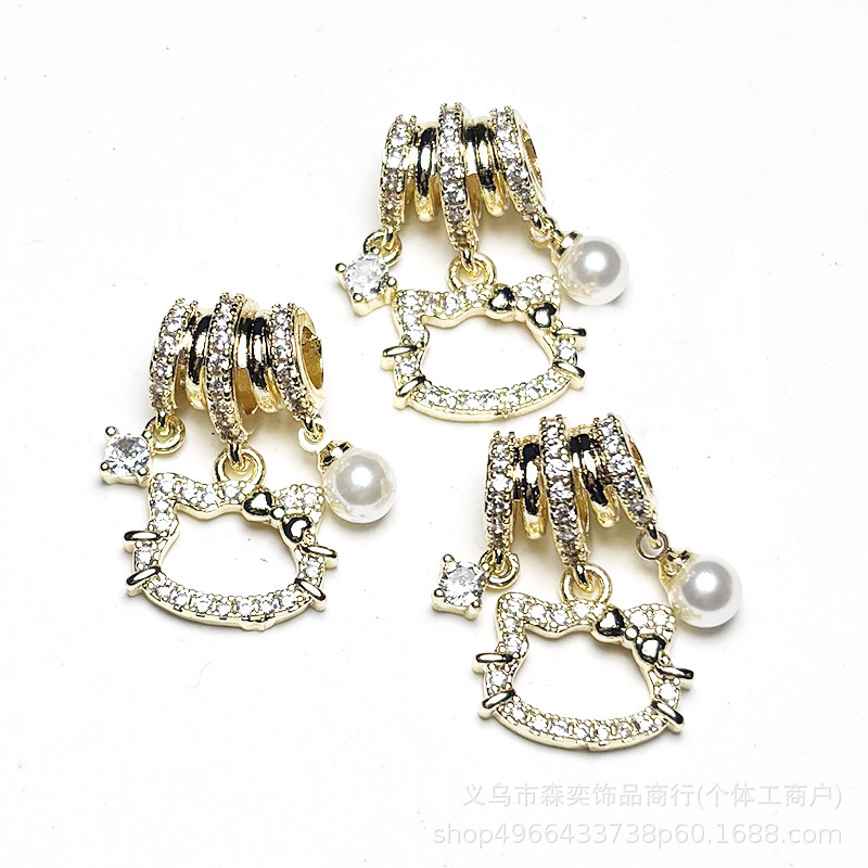 Senyi Jewelry Copper Inlaid Zirconium Kt Cat Head Pearl Pendant Bead Handmade DIY Bracelet Necklace Jewelry Accessories