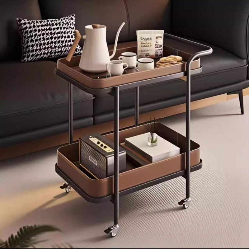 Light Luxury Saddle Leather Sofa Side Table Corner Table Trolley Storage Rack Mobile Wheeled Sofa Side Cabinet Living Room Small Coffee Table
