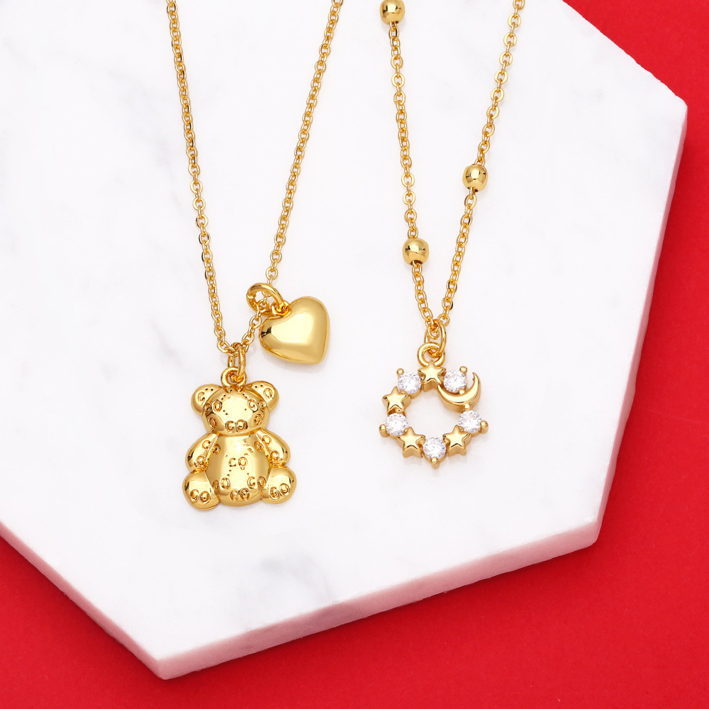 simple moon star bear double pendant copper gold-plated inlaid zircon necklace