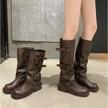 羊皮版~内增高6cm~时髦皮带扣长筒靴方圆头褶皱中筒骑士靴女秋款
