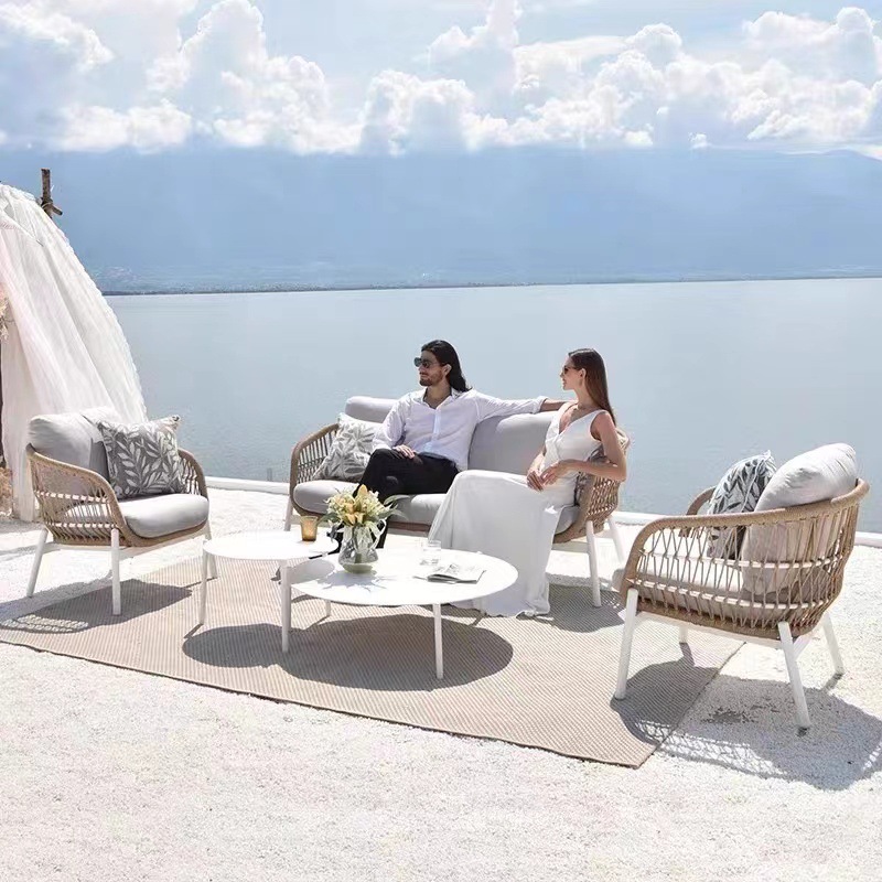 Nordic Outdoor Rattan Sofa Designer Courtyard Balcony Outdoor Garden Open-Air Rattan Chair Coffee Table Furniture Combination