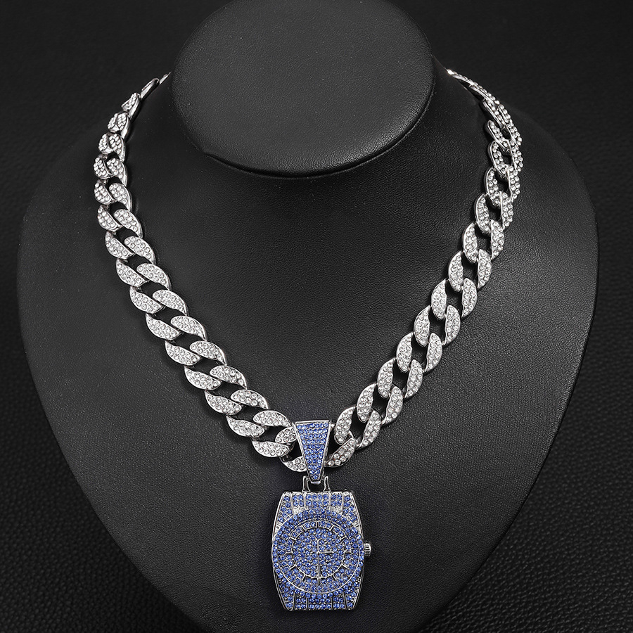 Personalized hip-hop niche blue diamond watch pendant full of diamonds, men's versatile jewelry, Cuban necklace jewelry_voghion.com