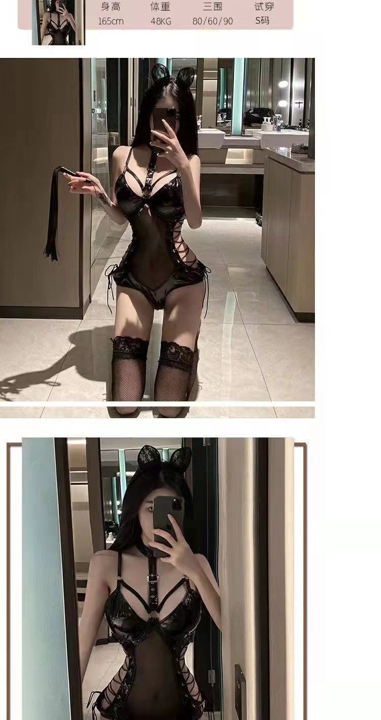 Patent Leather Maid Roleplay Costume with Backless Strap and Open Design — detail image 3