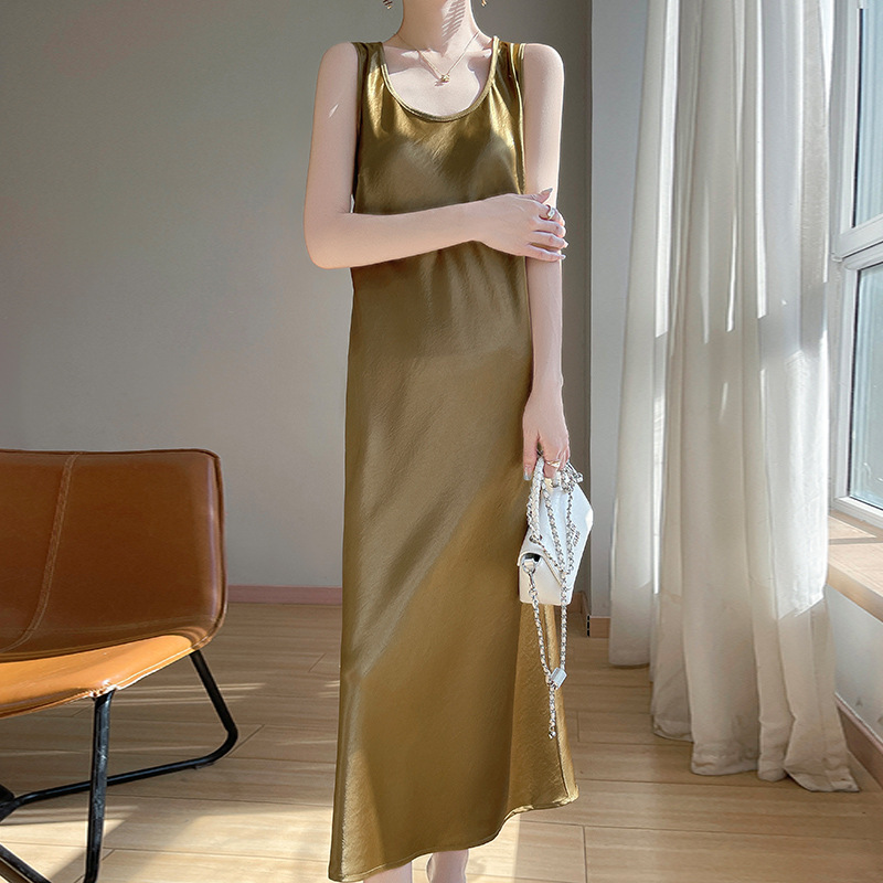 Women's Summer Long Dress, Non-Gilded Acetate Satin Sleeveless Strap Dress, New Elegant Style, Cross-Border Long Dress