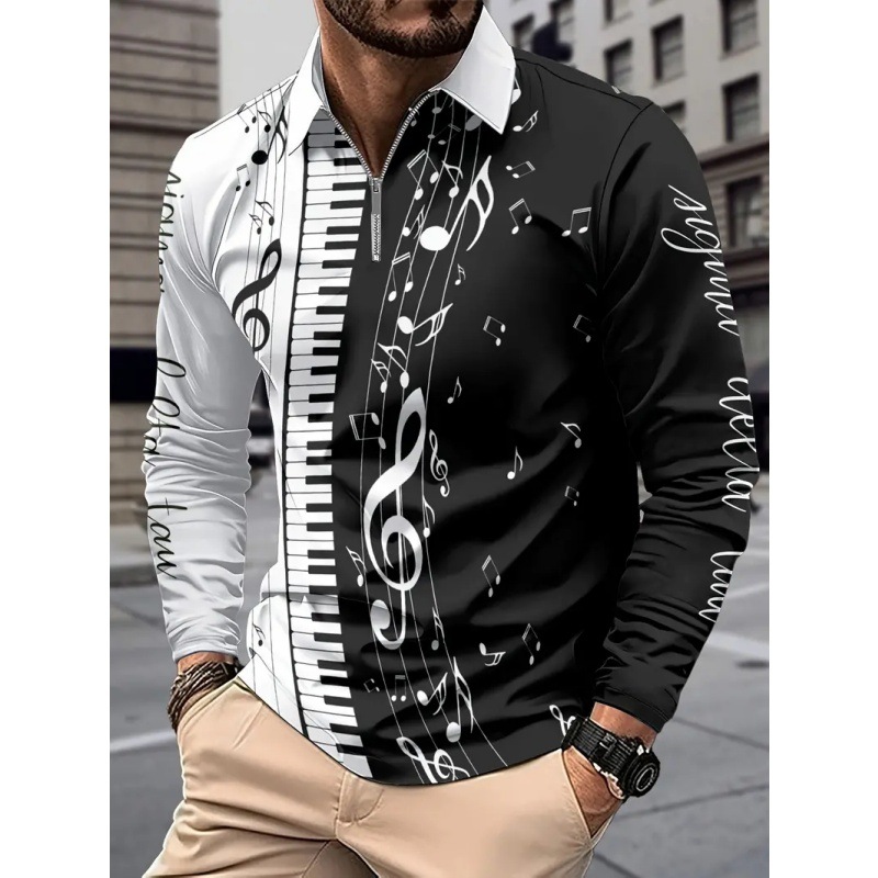 Venta caliente arte piano nota 3D impresión primavera y otoño hombre manga larga solapa suelta hombro cremallera camisa POLO