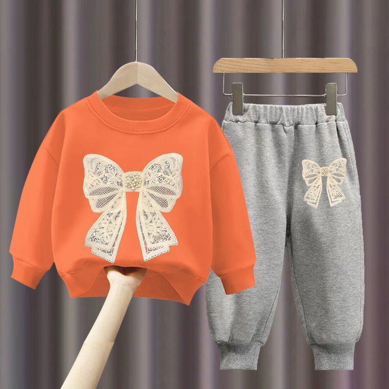 레이스 매듭 오렌지색 스웨트셔츠 + 레이스 매듭 그레이 팬츠