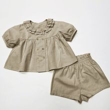 2024童装韩版ins女童宝宝夏季洋气泡泡袖仿棉麻娃娃衫短裤两件套