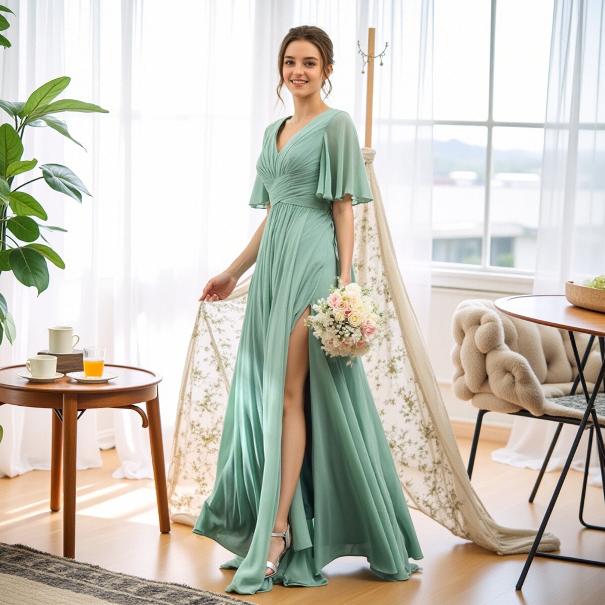Verano nuevo vestido de noche de chiffon europeo y americano V-collar mangas mariposa novia vestido de damas de honor anfitriona de la fiesta vestido largo