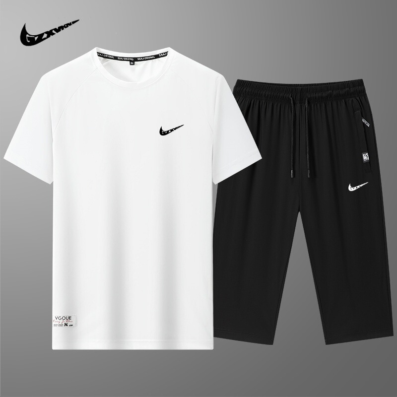 Summer New Sports Suit Large Size Ice Silk Quick-Drying Sports Casual Short-Sleeved T-Shirt Shorts Cropped Pants Two-Piece