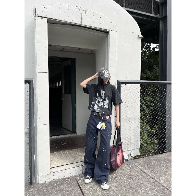 2025 Four-Color Splash-Ink Washed Double-Knee Work Pants with Cigarette Box Embroidery, Straight Loose Wide-Leg Lumberjack Pants