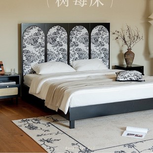 碧洛轩 Raspberry bed French Chinese style screen bed full solid wood black fabric bed soft bag bed light luxury simple bed