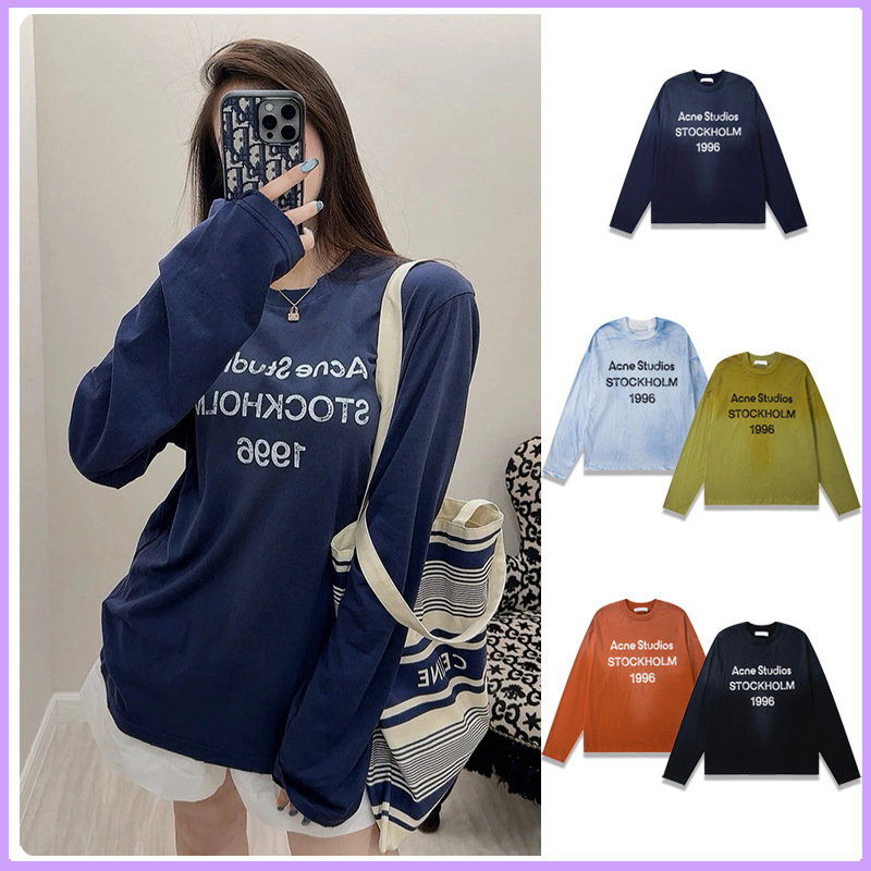 Cross-Border Ac Long-Sleeve Washed Vintage 1996 Print Tie-Dye Casual Loose-Fitting Unisex Couple Pure Cotton T-Shirt