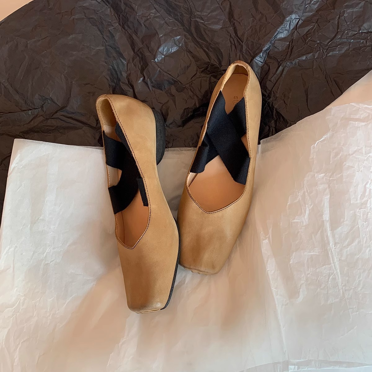 Sheepskin Version ~ Square-Toe Ballet Shoes for Women, Cross Uma Pig Nose Shallow Mouth Retro Flats Thick Heel Flats