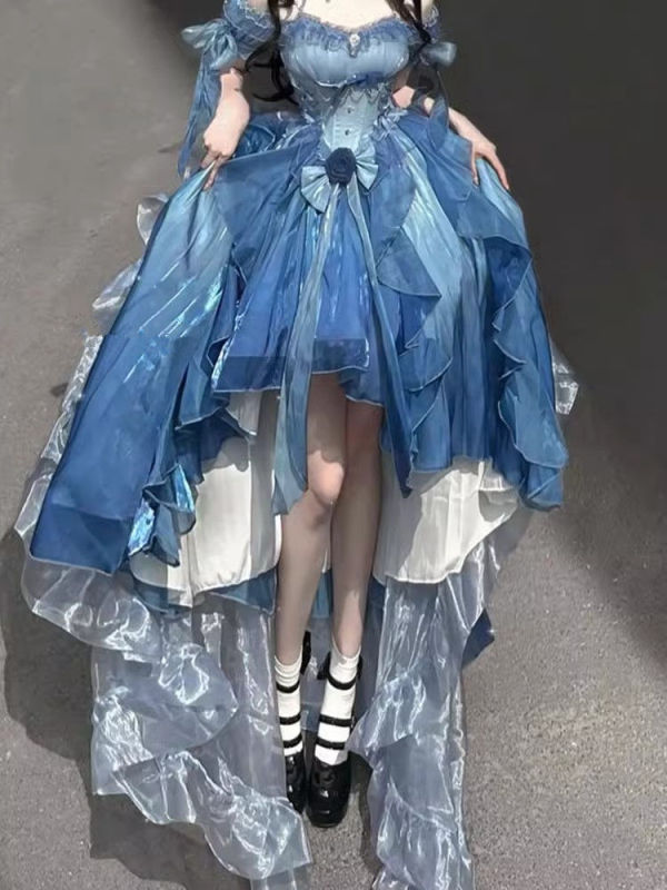 洛丽塔重工拖尾蓬蓬前短后长在逃公主裙蓝色花嫁礼服lolita连衣裙|undefined