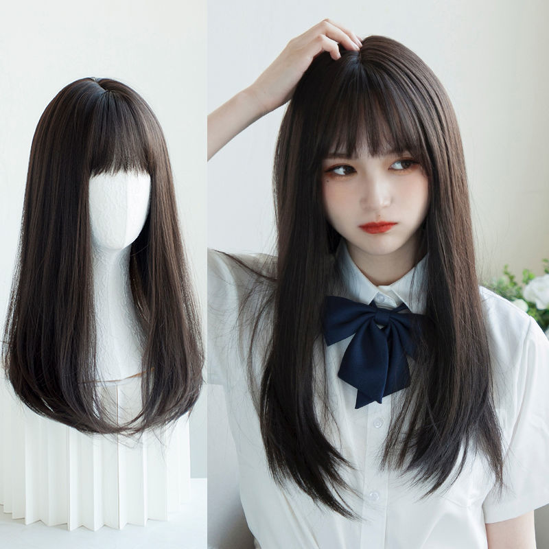 Wig Women's Medium Long Hair Japanese Style Round Face Air Bangs Long Straight Hair Cute jk Girl Natural Realistic Full Head Cover Style