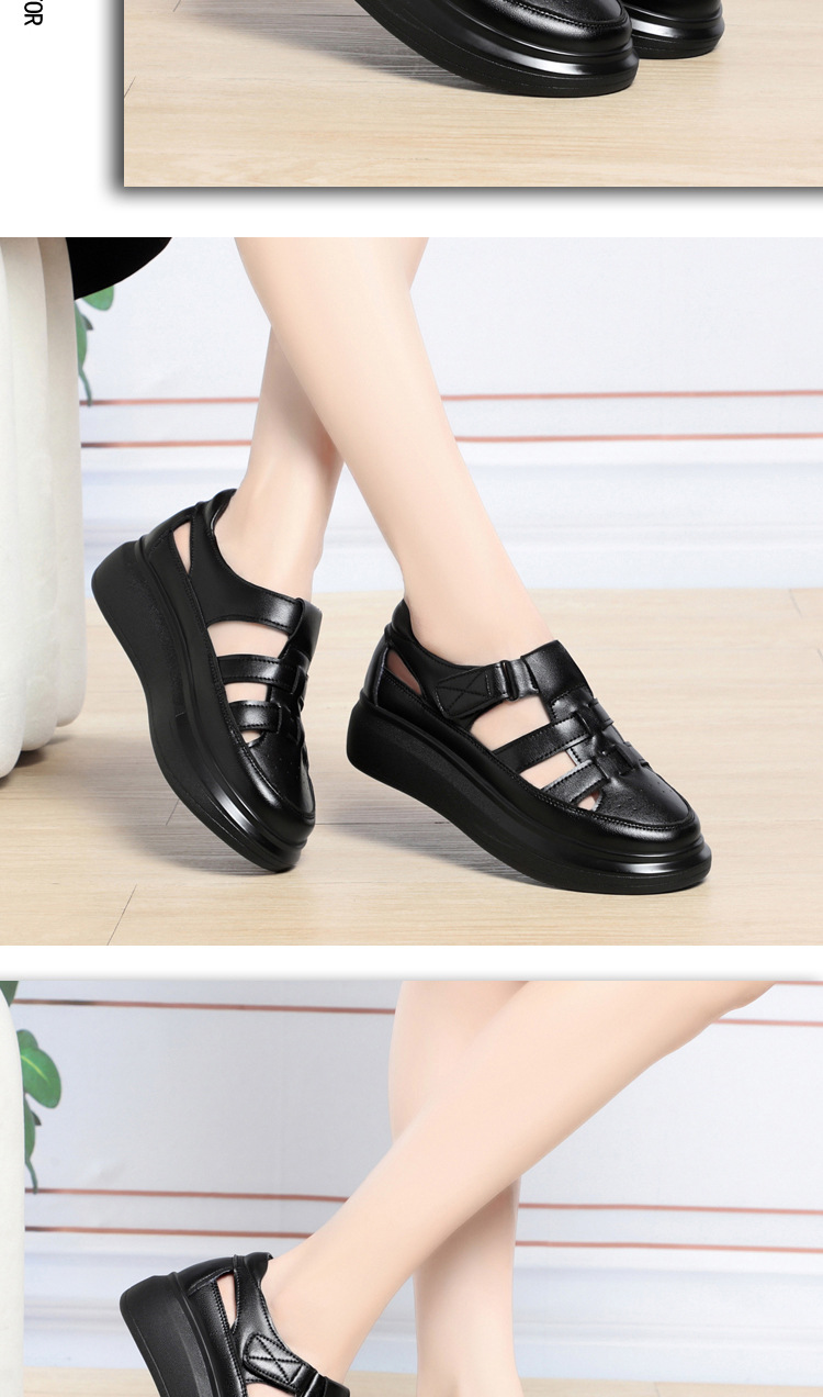 Dép sandal nữ da thật mũi kín quai chữ V đế dày — đen chi tiết 12