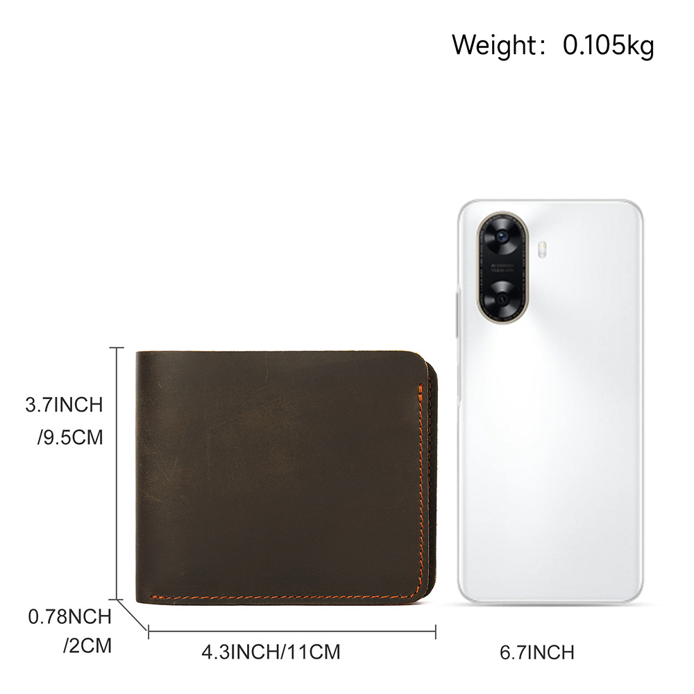 Ví nam da ngựa điên phong cách retro, nhiều khe cắm thẻ — Màu nâu, Cà phê đậm, 11cm*2cm*9.5cm