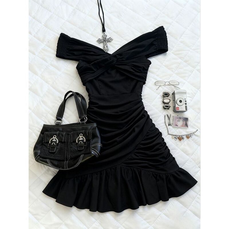 Vintage Little Black Dress for Summer: Elegant and Unique Style with Slim Fit, Ruched Off-Shoulder A-Line Dress for Women Vintage Little Black Dress for Summer: Elegant and Unique Style with Slim Fit, Ruched Off-Shoulder A-Line Dress for Women