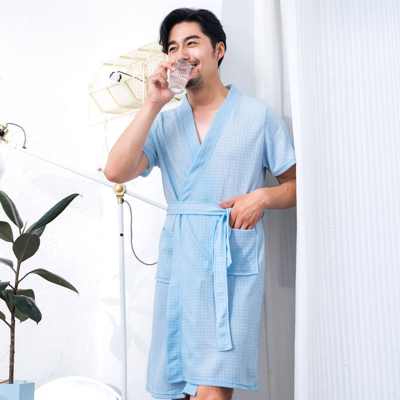 Waffle knit light blue men's short sleeve