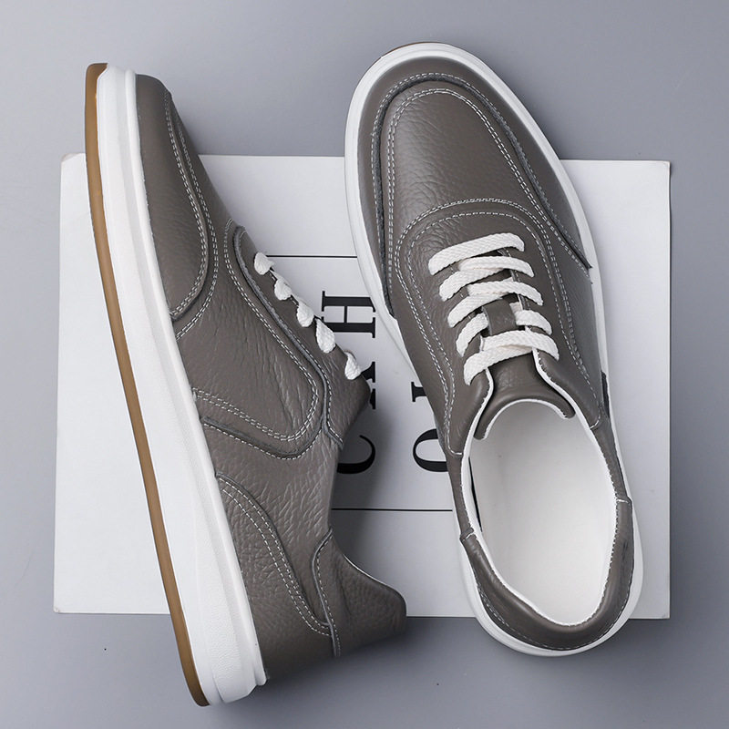 Giày sneaker nam da bò thật thoáng khí, giày trắng thời trang dây buộc phía trước — Màu trắng nhạt, màu trắng tinh khiết, màu xám, đen