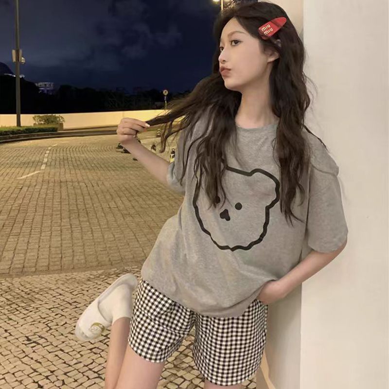 Venta al por mayor transfronteriza con almohadilla para el pecho pijamas de verano para mujer pantalones cortos de manga corta lindo abrigo de oso traje de servicio a domicilio coreano algodón de imitación